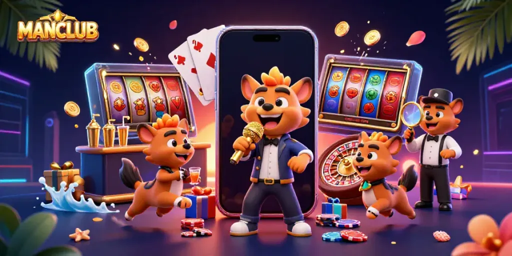 MANCLUB comedy casino scene featuring hyenas, golden coins, and vibrant gaming elements