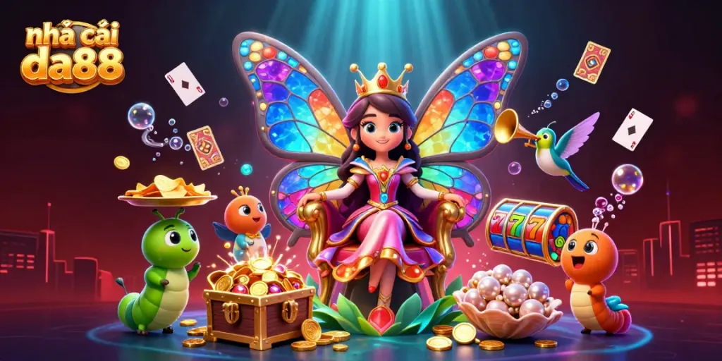 Experience the vibrant world of nhà cái da88 with our fantasy illustration featuring a butterfly queen amidst casino elements.