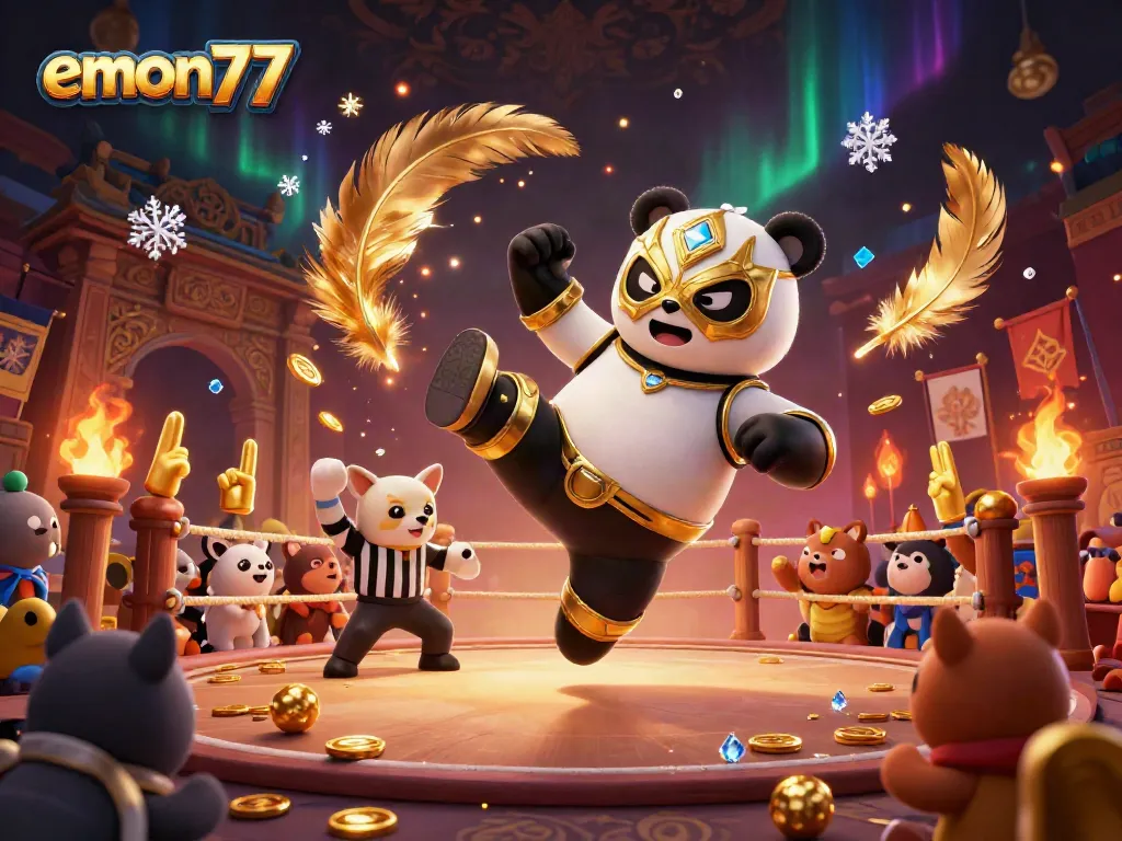 Experience excitement at emon77 with a panda wrestler, chihuahua referee, and cheering crowd in vibrant casino arena.