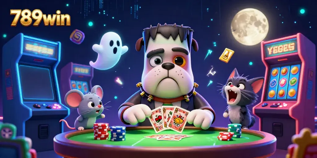 Engage in exciting card games with 789win's thrilling 3D casino illustration featuring vibrant characters.