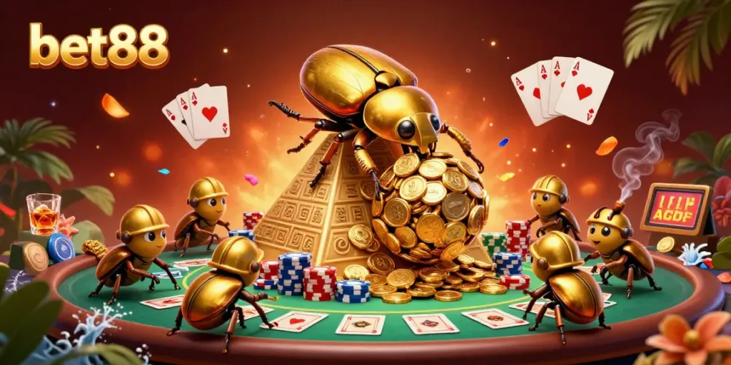 Engage with the vibrant scene of bet88, featuring golden beetles and casino imagery bursting with excitement.