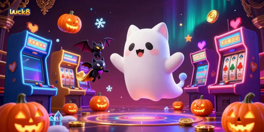 Experience the vibrant Luck8 casino with a ghost cat, bat, and glowing slot machines.
