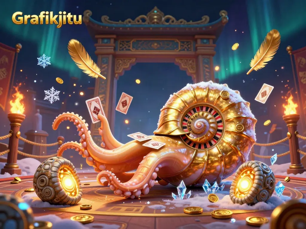 Experience thrilling gameplay with Grafikjitu's giant nautilus as a roulette wheel amidst a vibrant casino scene.
