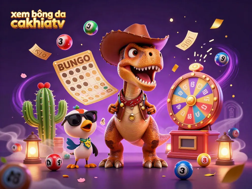 Xem bóng đá cakhiatv features a vibrant 3D illustration of a cowboy dinosaur and friends amidst colorful lottery elements.