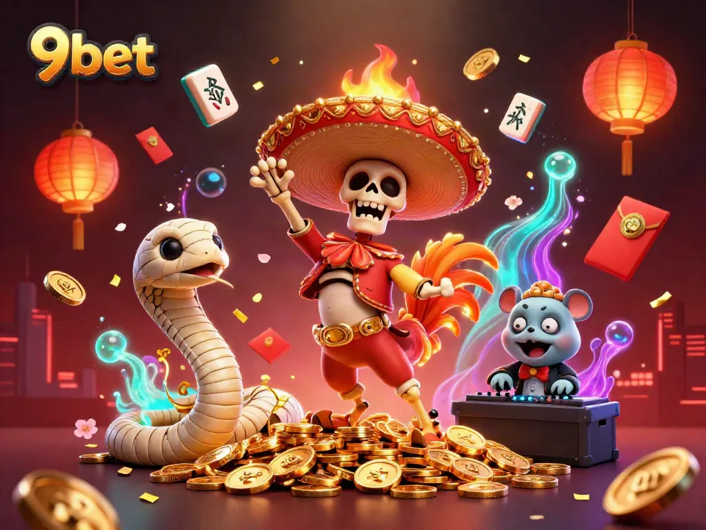 Experience thrilling wins with 9bet in an ultra-detailed casino scene filled with animated characters.