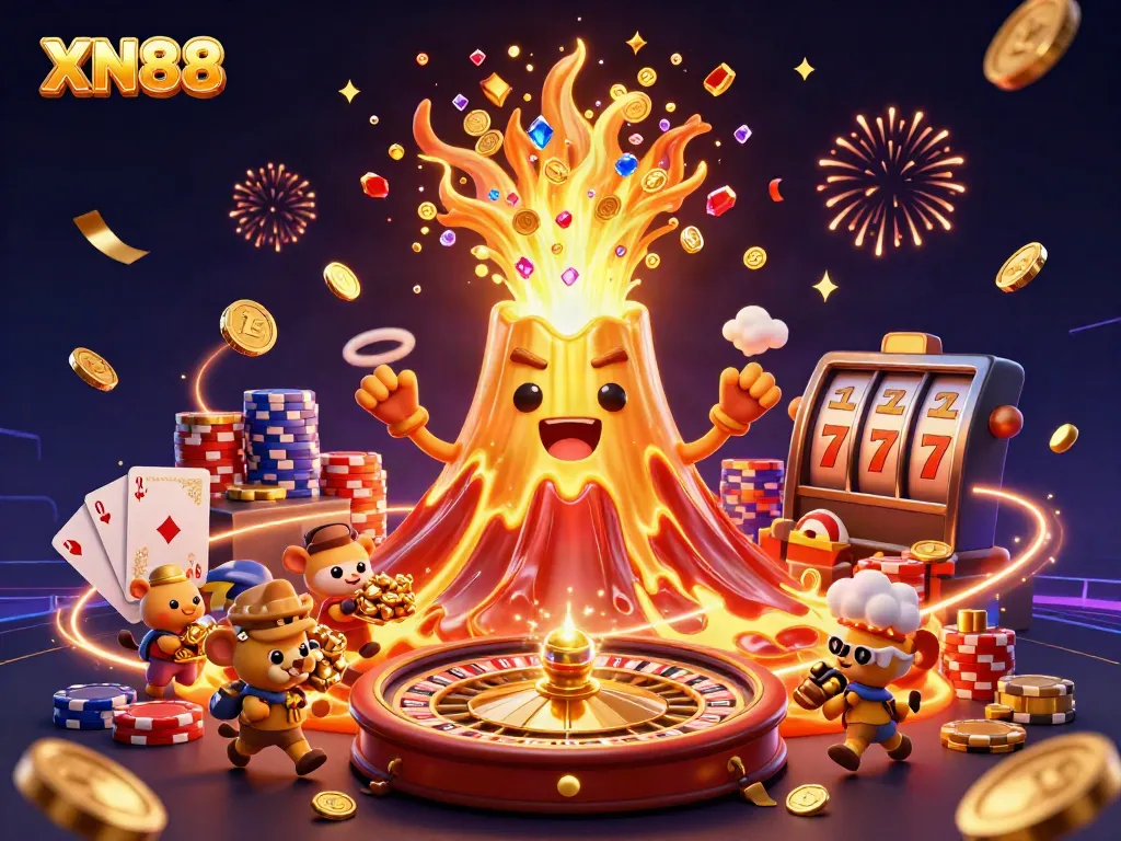 Experience the thrill of XN88 with a vibrant casino scene filled with treasures and games.