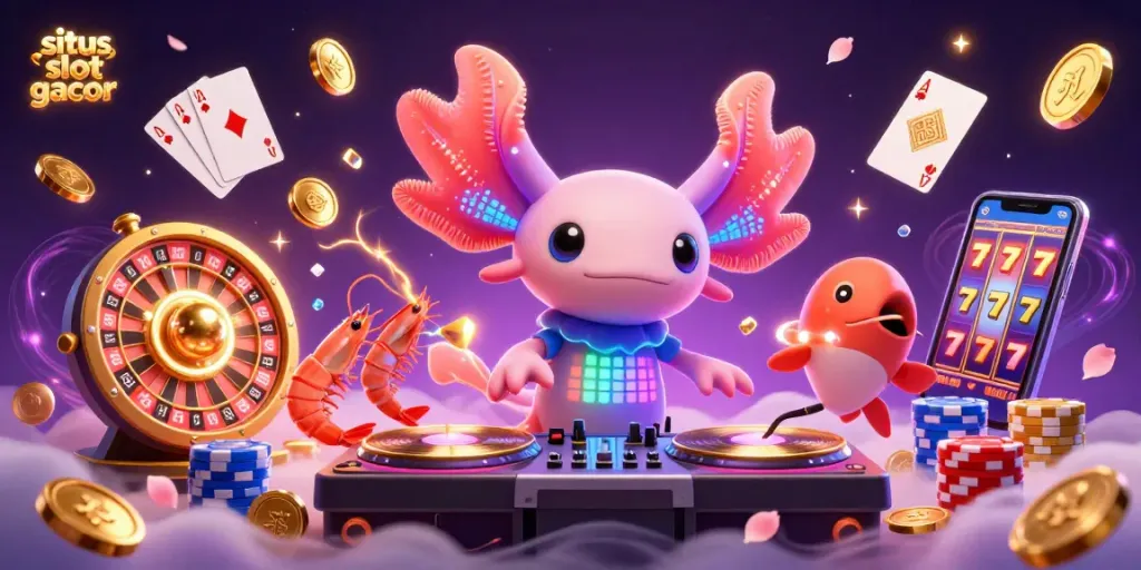 Experience excitement with situs slot gacor as a neon axolotl DJ spins golden records, surrounded by vibrant casino elements.