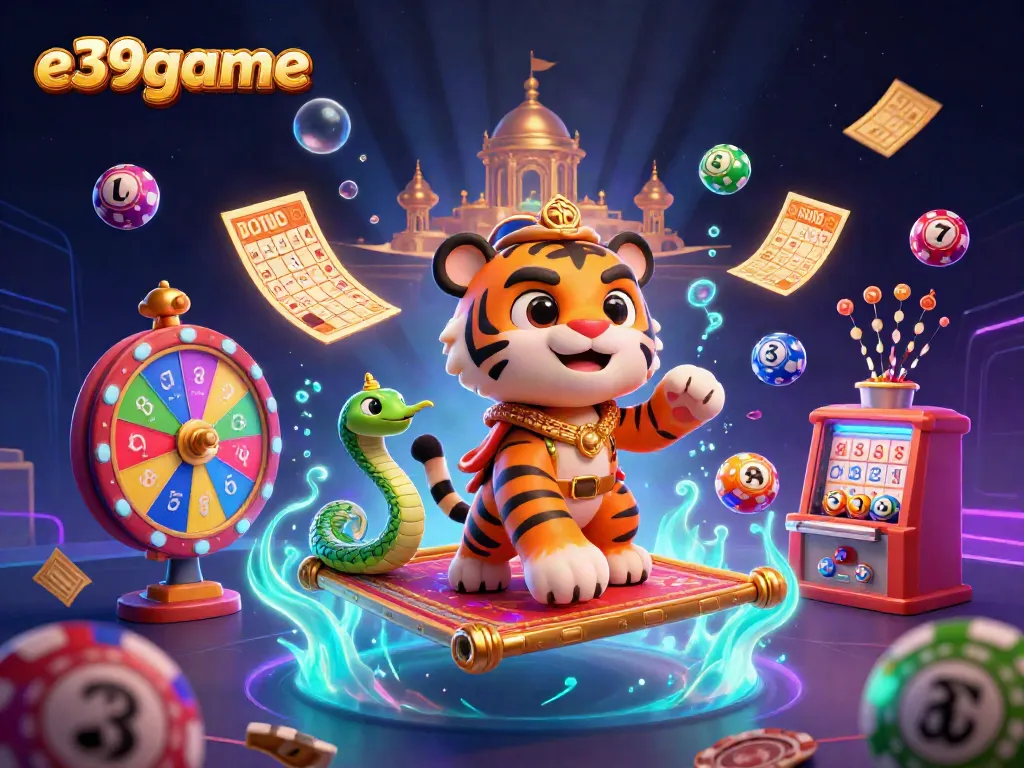 Experience the vibrant world of e39game with a dynamic 3D casino scene featuring a tiger sultan, genie snake, and colorful game elements.
