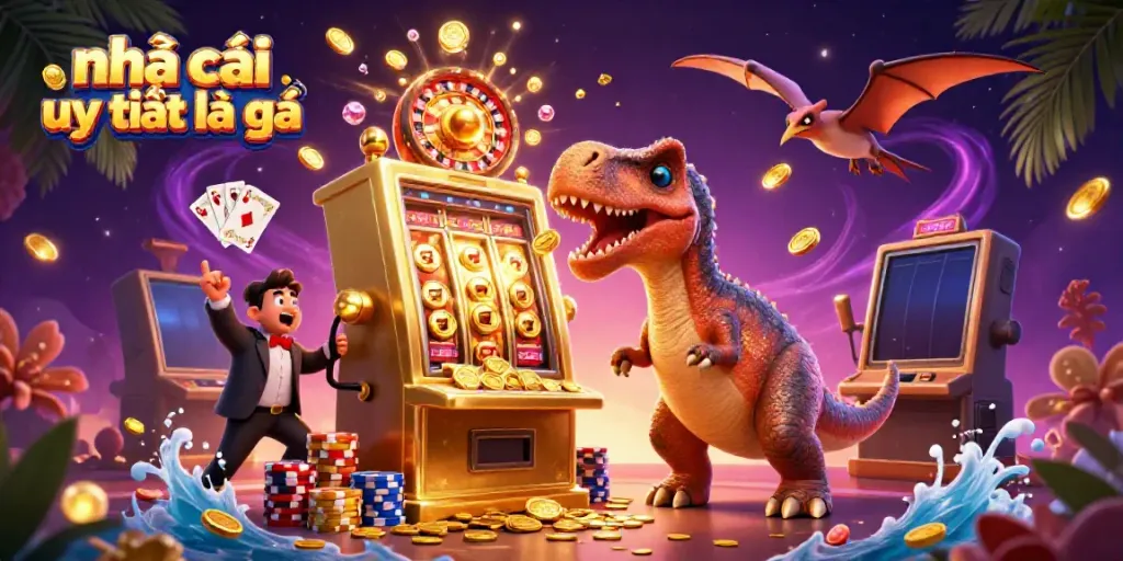 Engaging 3D scene of nhà cái uy tín là gì with cartoon dinosaurs and casino elements creating a vibrant jackpot atmosphere.