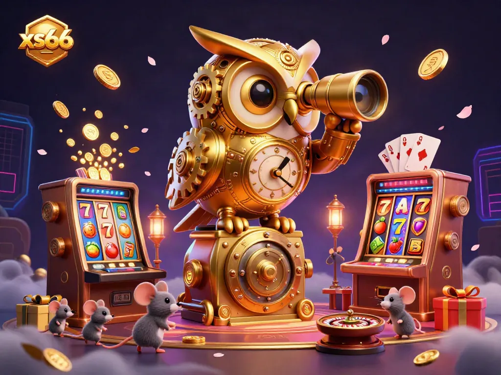 Experience the excitement of xs66 as a massive clockwork owl oversees a dazzling casino filled with vibrant slot game elements and gold coins.