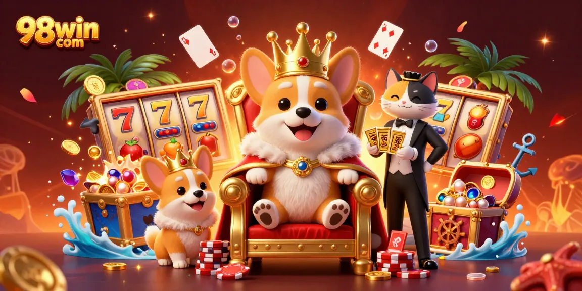 Experience the excitement of 98win com with a royal corgi king in a vibrant casino scene.