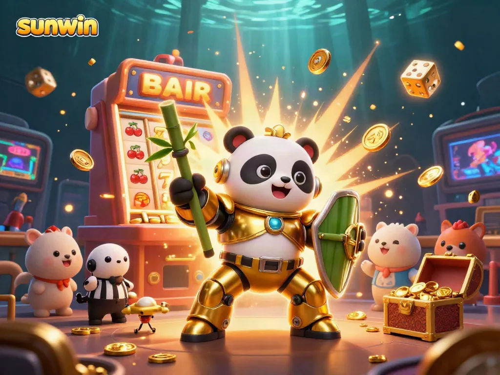 Join the action at sunwin with a dynamic scene featuring a panda robot in a casino setting.