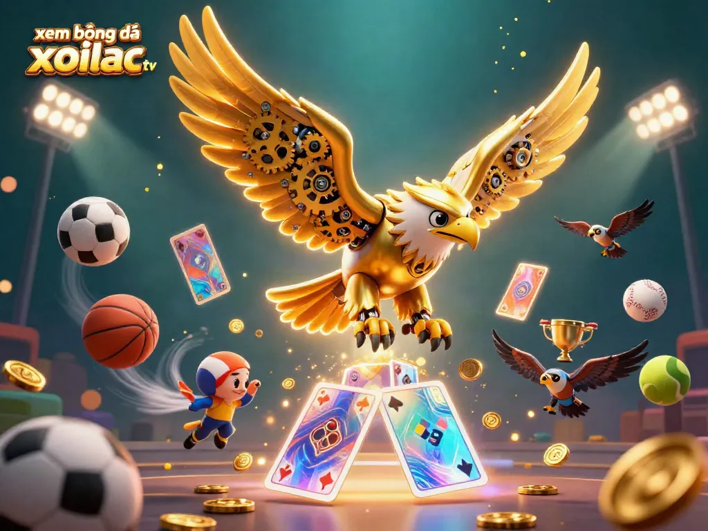 Xem bóng đá xoilac tv featuring a dynamic 3D illustration of cybernetic eagle amidst sports elements and golden trophies.