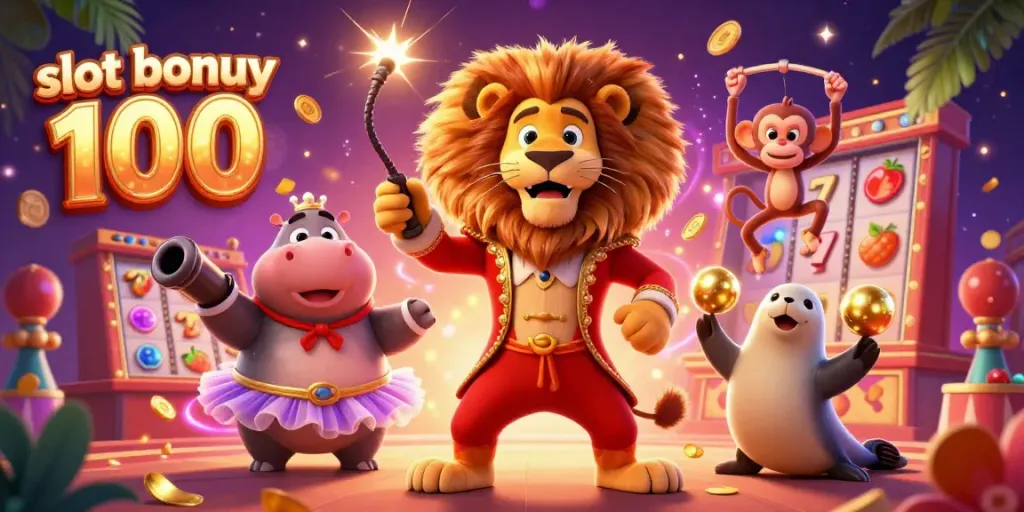 Experience thrilling gameplay with slot bonus 100 in this vibrant casino scene featuring lively characters and symbols.