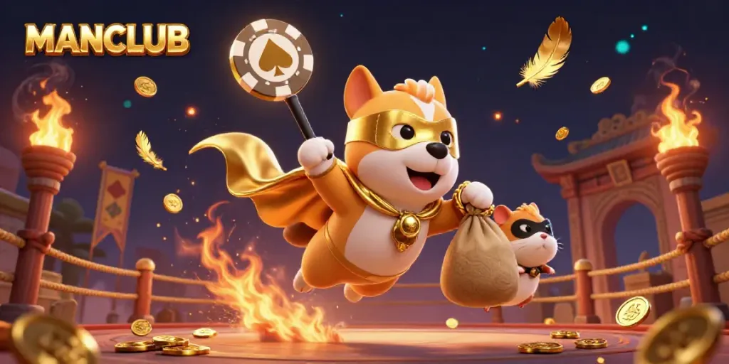 Engage with the MANCLUB experience in this vibrant 3D rendering featuring a superhero dog and sidekick amidst gambling elements.