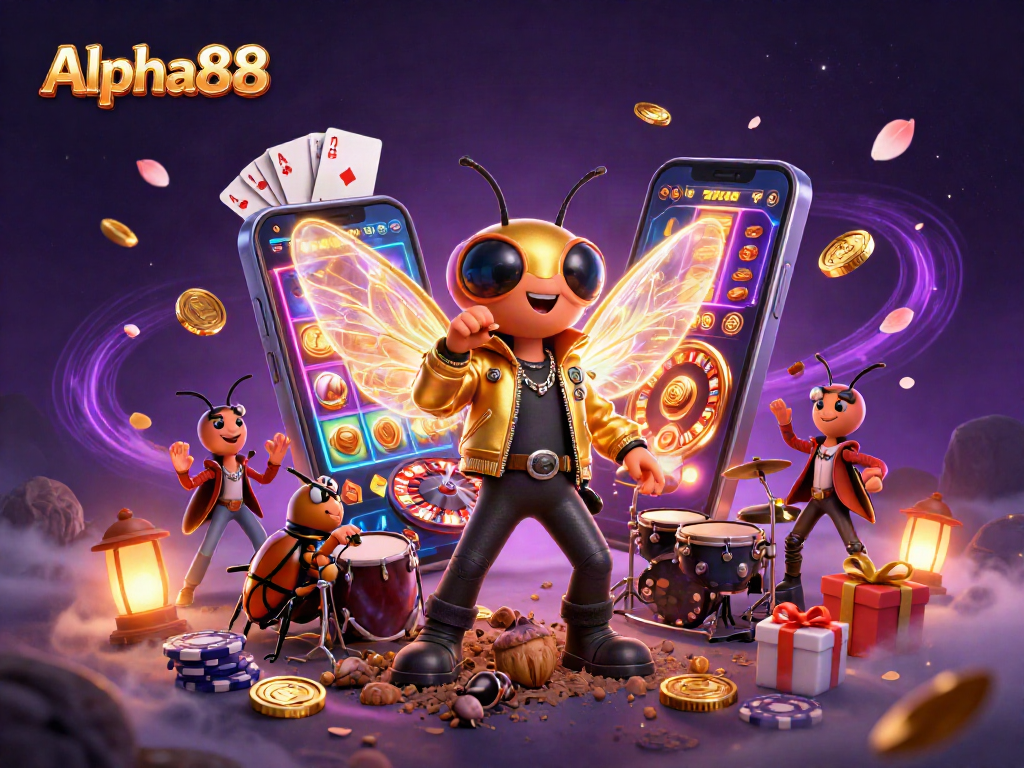 Experience excitement with Alpha88's vibrant online gaming scene featuring rock star characters and dynamic casino elements.