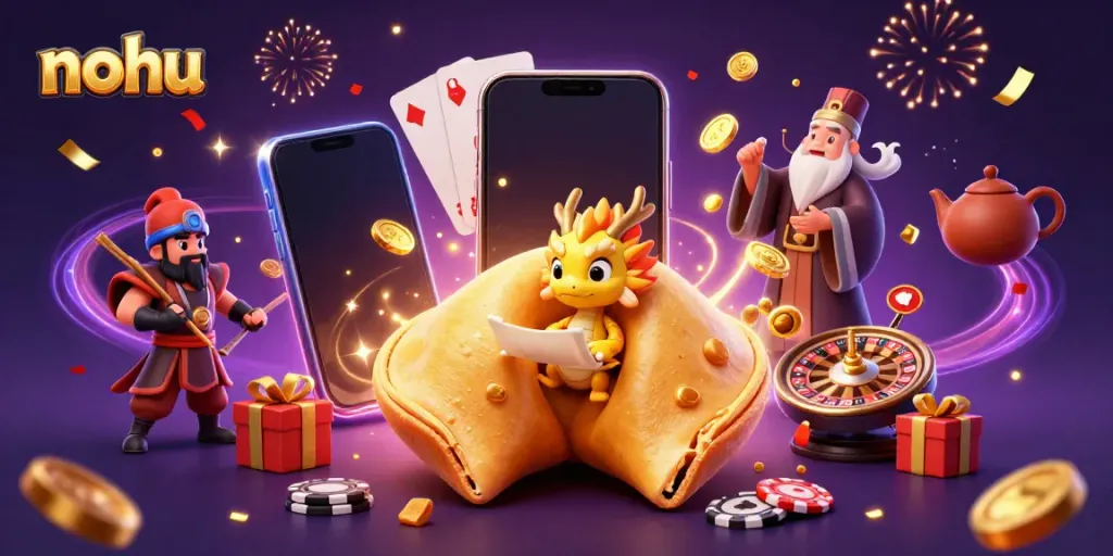Experience winning moments with nohu as golden coins erupt from a smartphone amidst festive slot game characters.