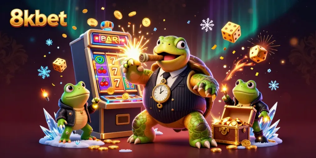 Join the thrilling action at 8kbet with a vibrant casino-themed illustration featuring a snapping turtle and bullfrog enforcers.