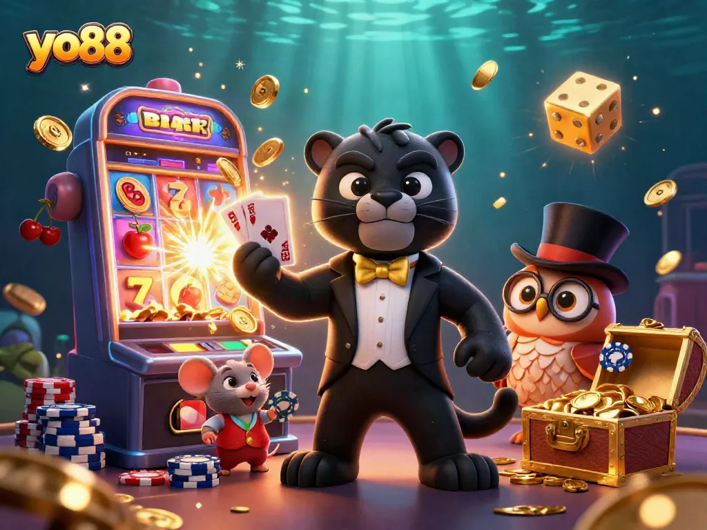 Experience the excitement of yo88 with a stylized illustration showing a tuxedo panther, a clever owl, and a lucky mouse around dynamic casino elements.