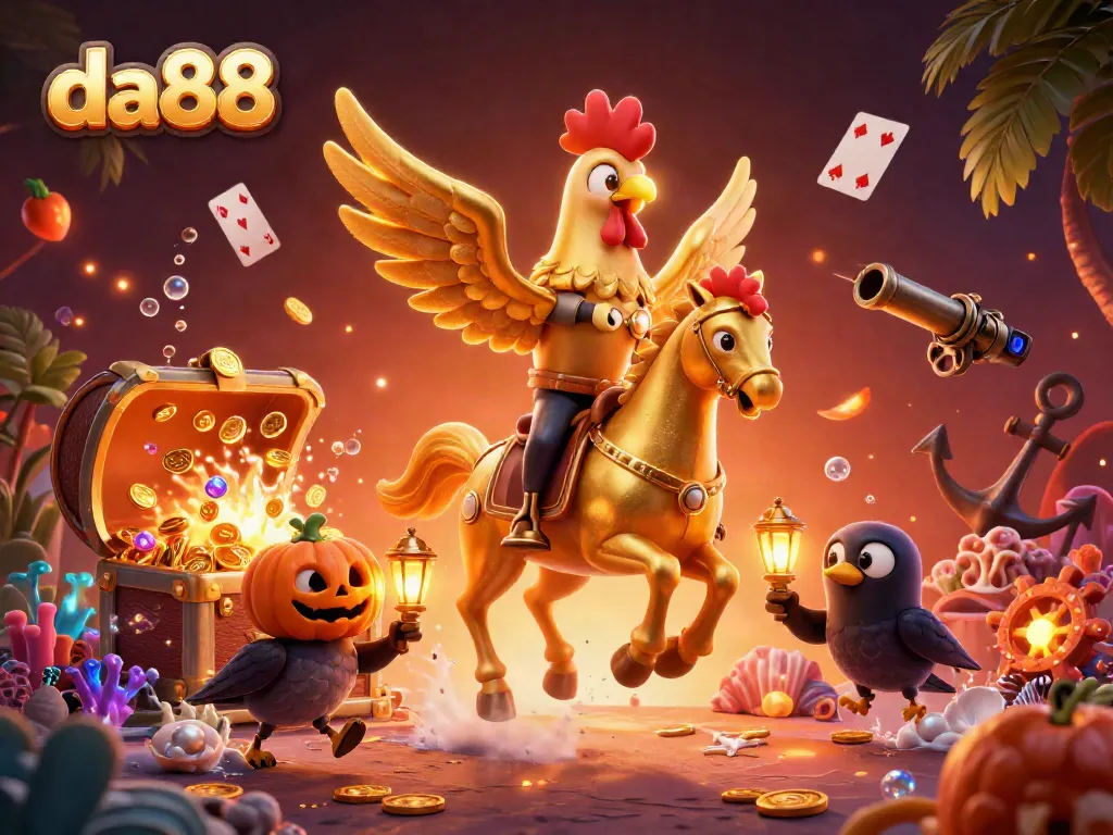 Experience winning adventures at DA88 with a golden rooster riding through a vibrant digital casino.