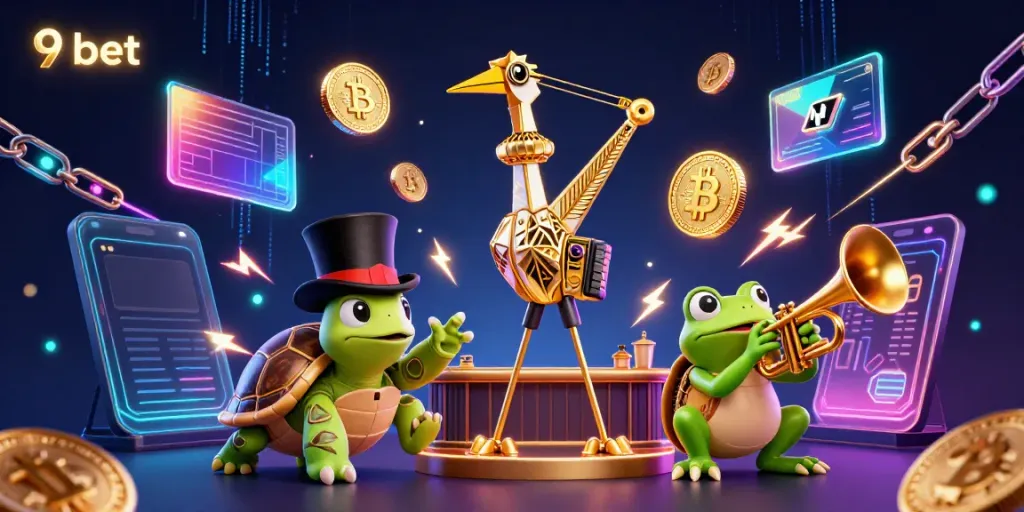 Engage with 9 bet in a vibrant 3D scene featuring animated characters and glowing crypto elements.
