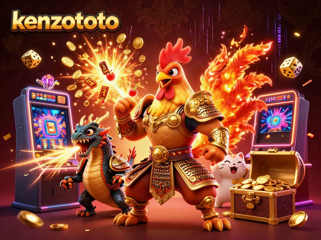Experience thrilling gameplay with kenzototo, featuring a heroic rooster warrior and a dragon in a vibrant casino scene.