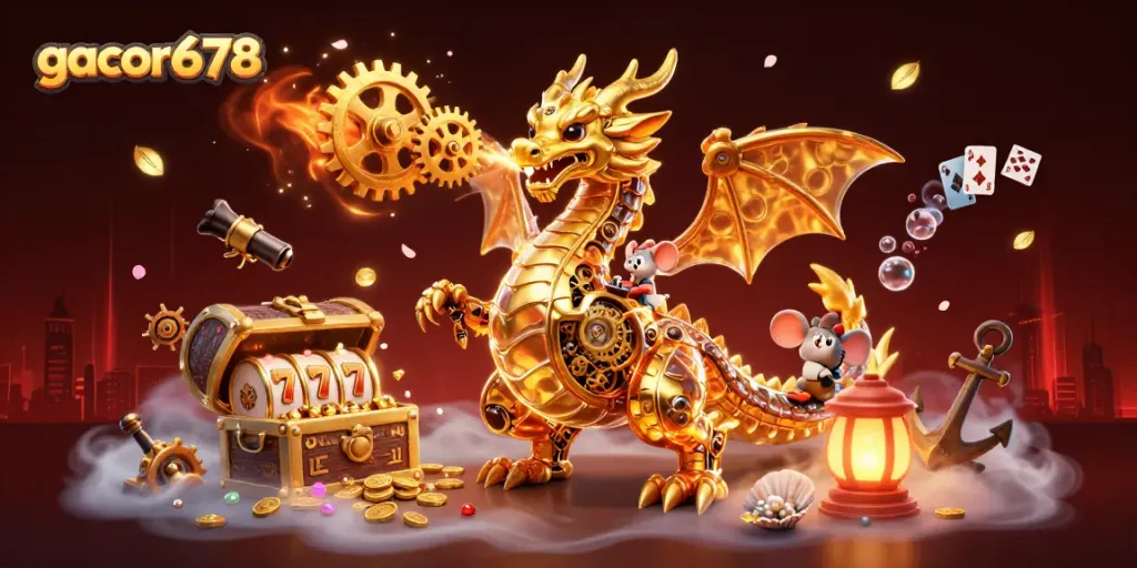 Experience the thrill of gacor678 with a golden dragon and casino-themed treasures, dynamic gaming atmosphere.