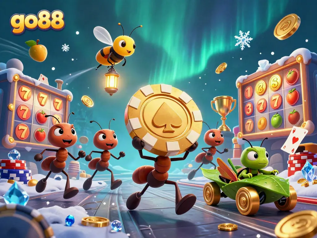 Engage with go88's thrilling casino games featuring ants on a heist with giant poker chip.