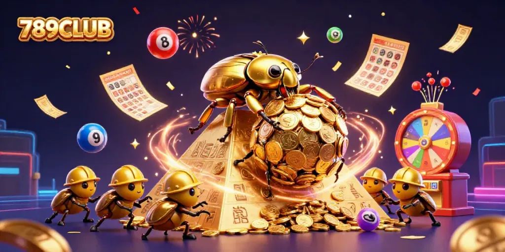 Engage with thrilling games at 789CLUB as golden coins and lottery balls create a dynamic gaming atmosphere.