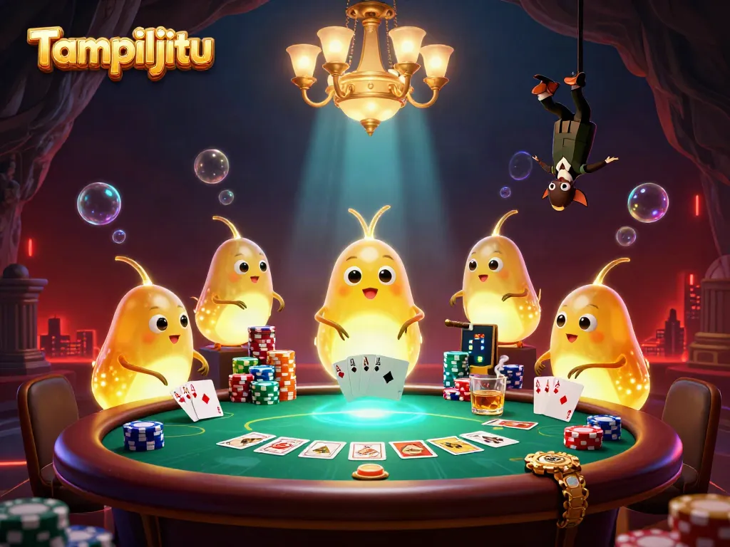 Tampiljitu's illuminated cave casino scene featuring glowworms as lights and bat dealer amid poker elements.