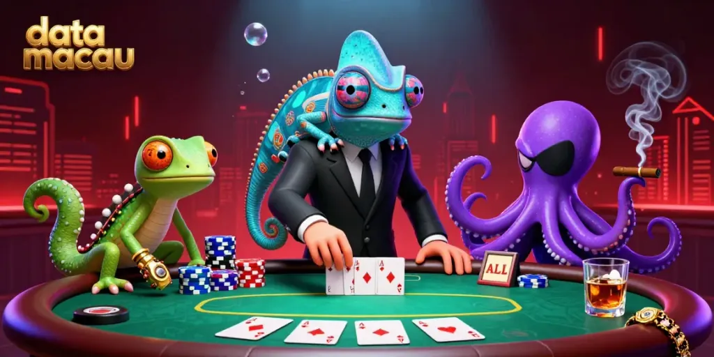 Hasil keluaran data Macau, menggambarkan cara bermain poker dengan karakter kartun di kasino.