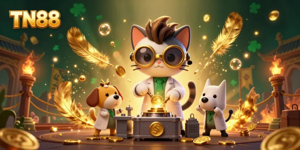Experience excitement with TN88 as a mad scientist cat creates gold coins in a lively casino scene.