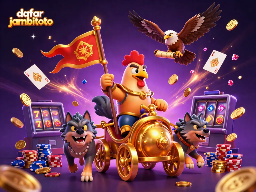 Bet on daftar jambitoto with a dynamic 3D illustration of a rooster warlord, golden chariot, and casino elements.