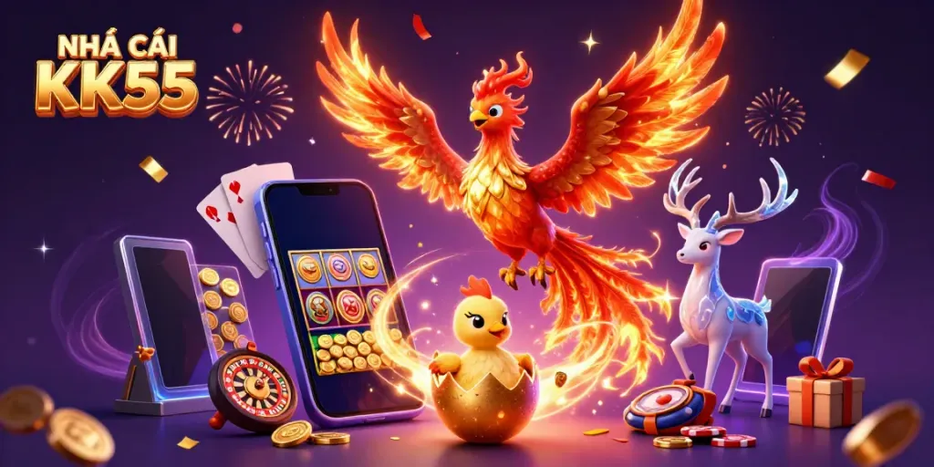 Experience exciting gameplay at NHÀ CÁI KK55 with vibrant phoenix visuals and casino elements.