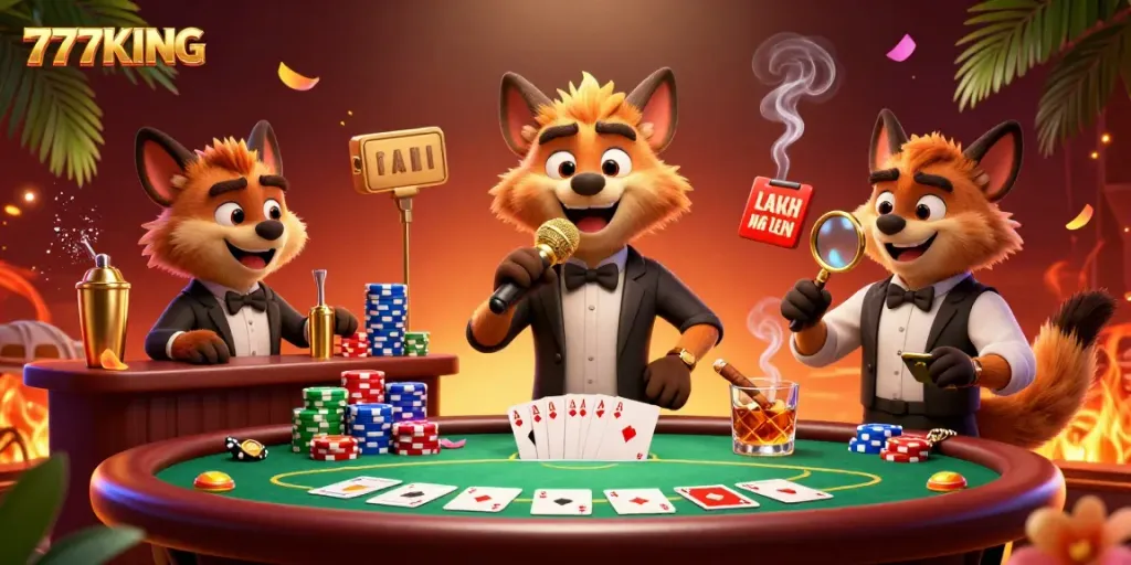Experience the vibrant comedy casino scene with 777KING featuring hyenas as a bartender, bouncer, and comedian.
