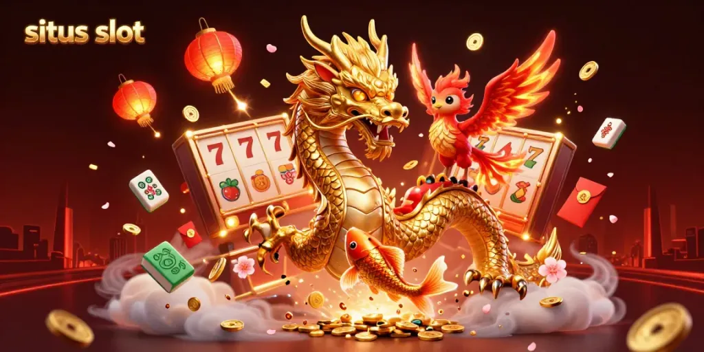 Menyaksikan kemenangan beruntun di situs slot dengan naga emas dan phoenix api, dalam ilustrasi 3D berwarna cerah.