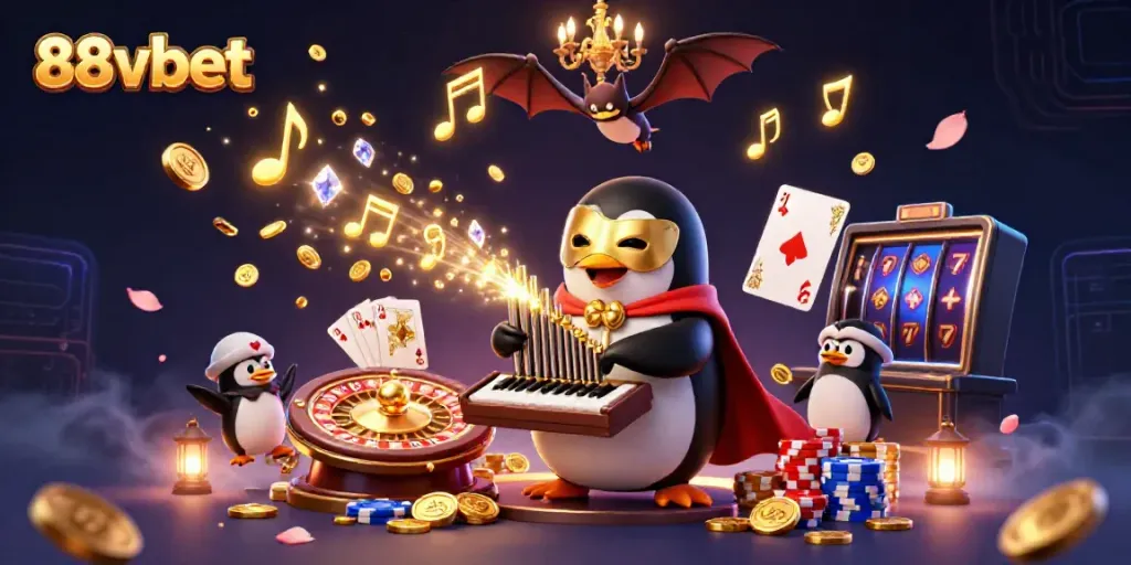 Engage with 88vbet's thrilling casino atmosphere featuring golden coins, acrobatic bats, and cartoon penguins.