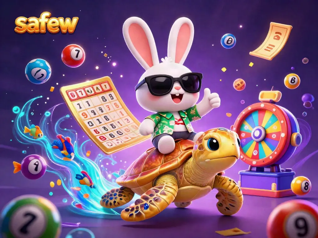 Experience a vibrant scene with safew's lucky rabbit and golden turtle amidst colorful lottery elements in a casino adventure.