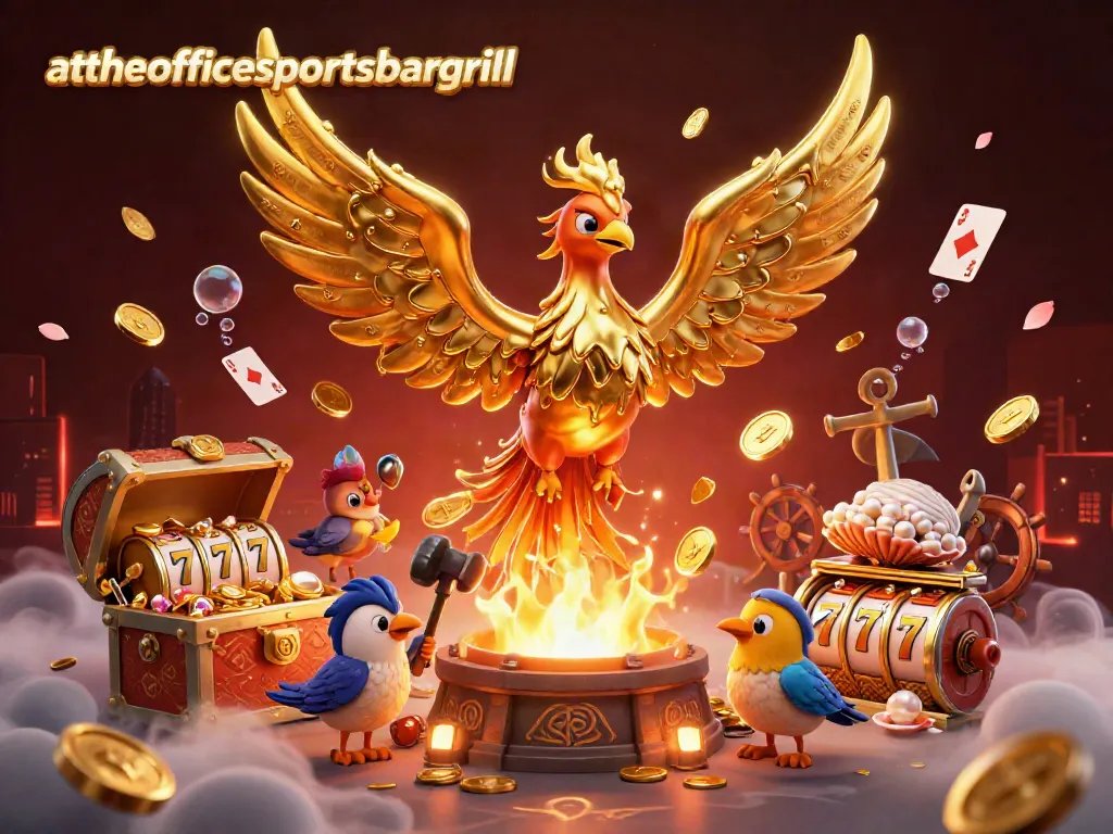 Gambar penuh warna dari attheofficesportsbargrill yang menggambarkan phoenix emas dan elemen kasino.