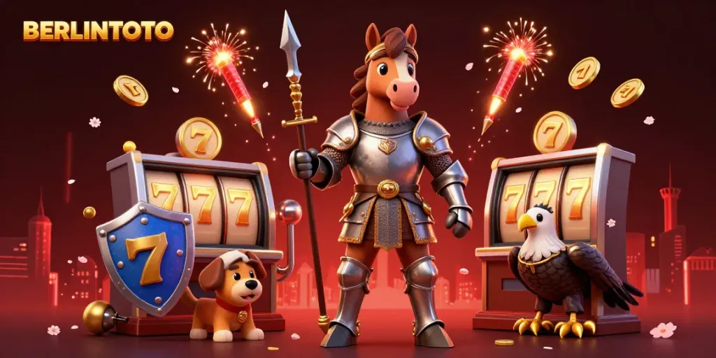 Win big with BERLINTOTO at this vibrant casino scene featuring a knight and his companions.