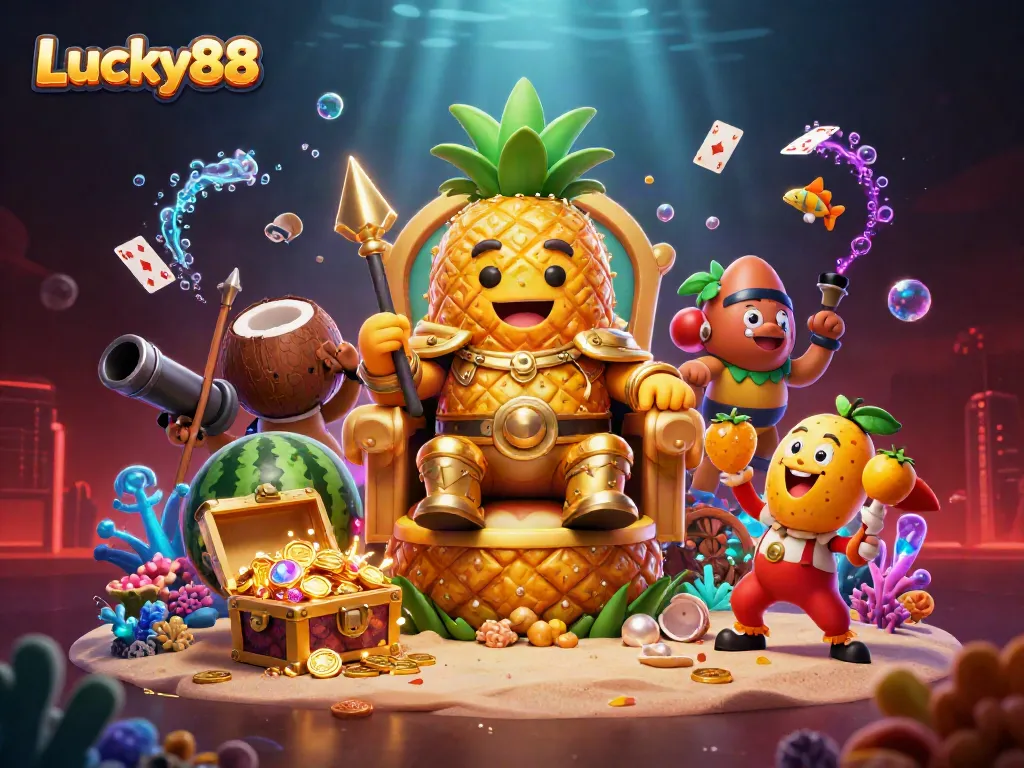 Engage in games at Lucky88 with vibrant 3D characters and casino elements in a dynamic scene.