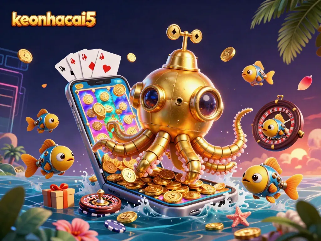 Engage with keonhacai5 in a vibrant 3D scene filled with golden coins and exciting gaming elements.