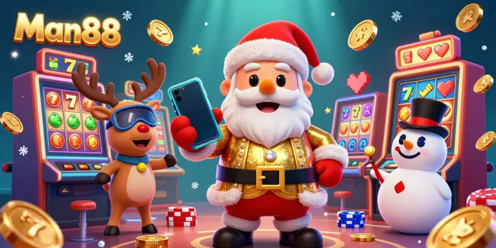 Experience the thrill of winning with Man88's vibrant casino-themed illustration featuring Santa and friends.