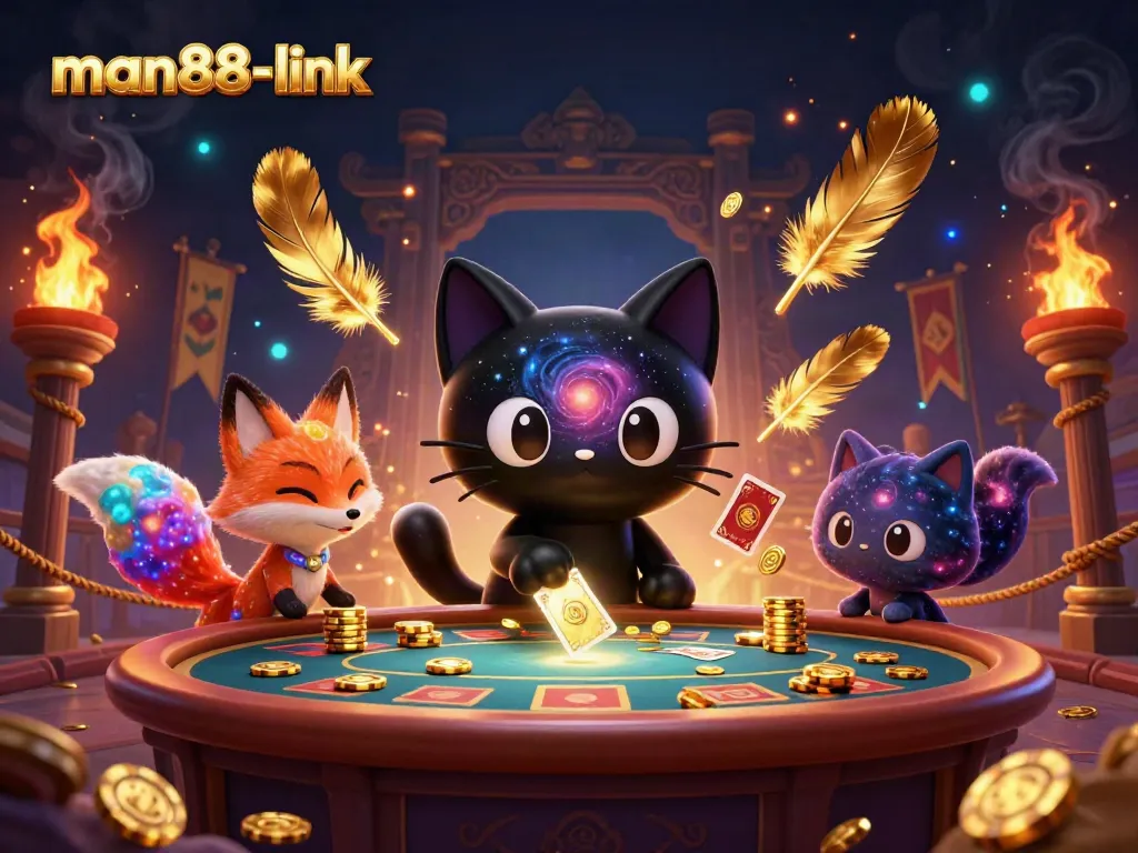 Engage with man88-link's cosmic casino where a charming black hole cat spins golden winnings and attracts players.