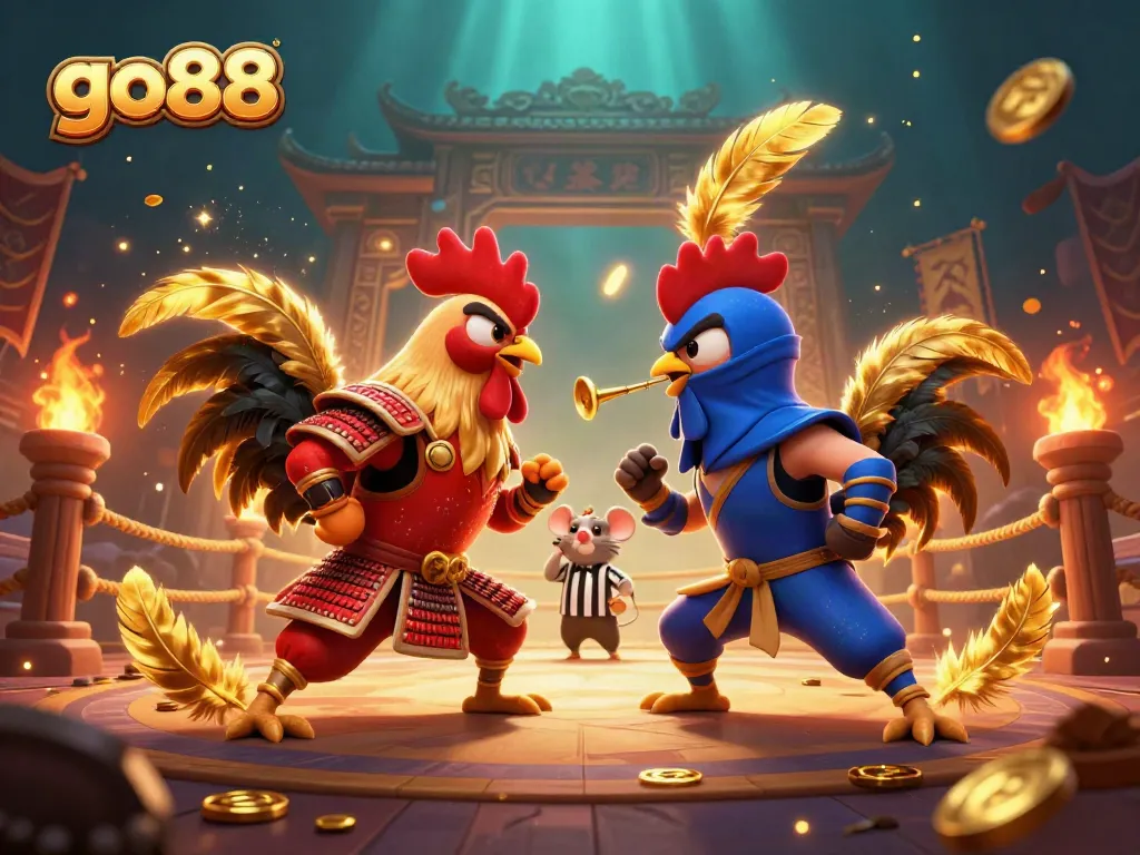 Experience the dynamic duel of roosters in the go88 arena filled with golden feathers and tokens.