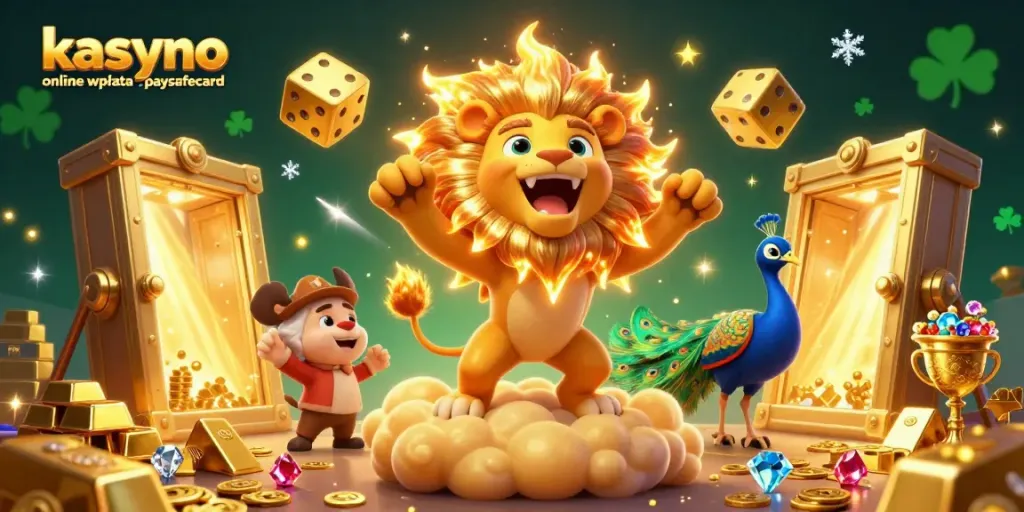 Dynamic scene featuring kasyno online wpłata paysafecard decorated with treasures and characters in a vibrant casino setting.