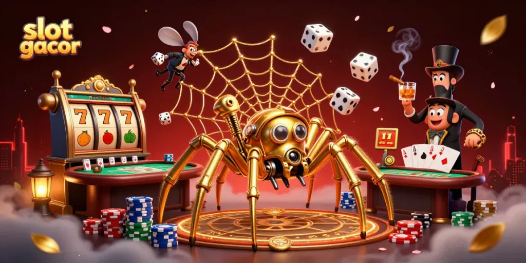 Bermain slot gacor dengan suasana kasino menggembirakan dan karakter menarik dalam ilustrasi 3D.