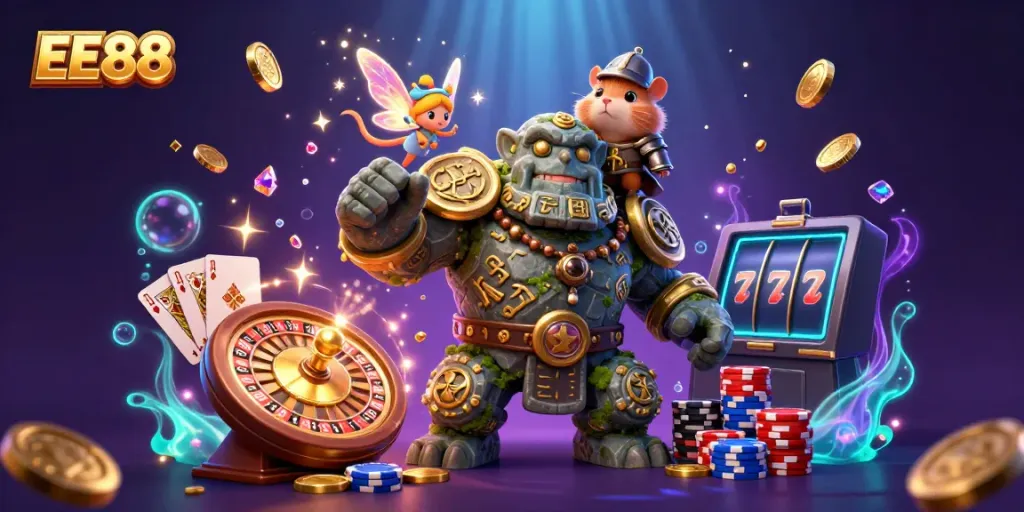 Experience the thrill of EE88 with a magical 3D illustration showcasing a golem, fairy, and hamster knight in a vibrant casino scene.