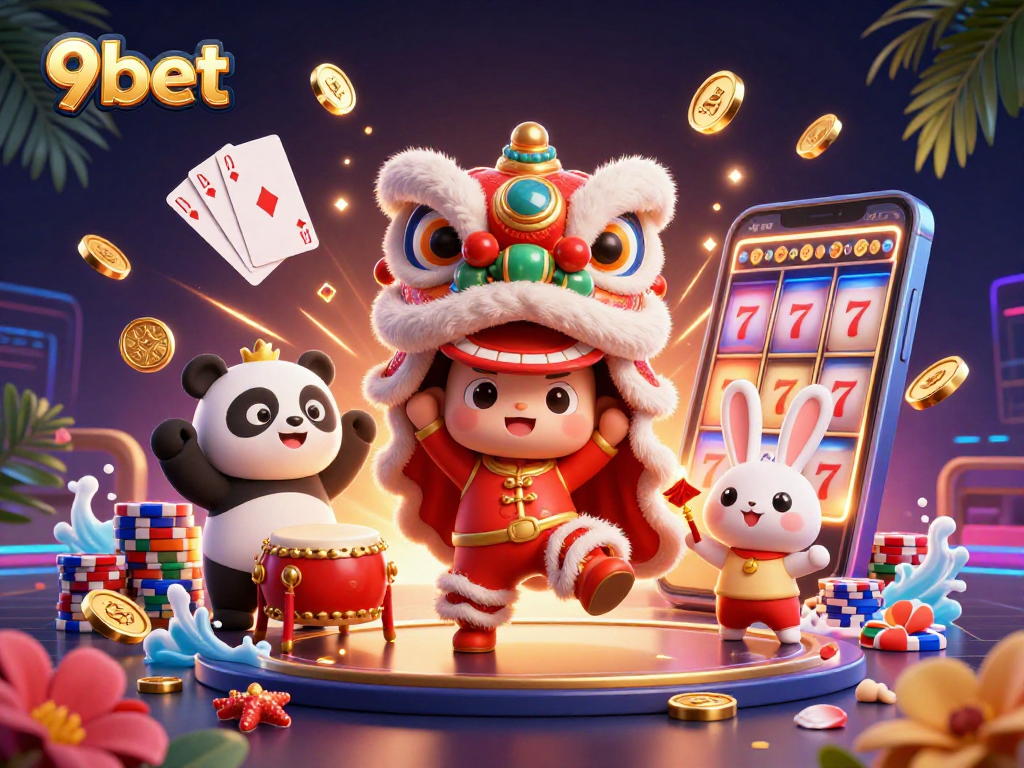 Engage with the vibrant 9bet scene featuring a lion dance, casino elements, and festive decorations.