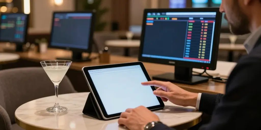 Seorang pemain Situs Toto menganalisis angka di tablet sambil dikelilingi layar taruhan modern.